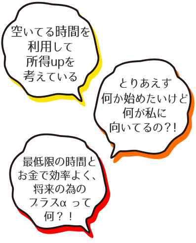 「あいてる時間を利用して所得upを考えている」「とりあえず何か始めたいけど・・・何が私に向いてるの?!」