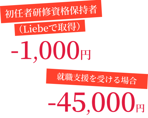 初任者研修資格保持者（Liebeで取得）-¥1,000、就職支援を受ける場合-¥45,000